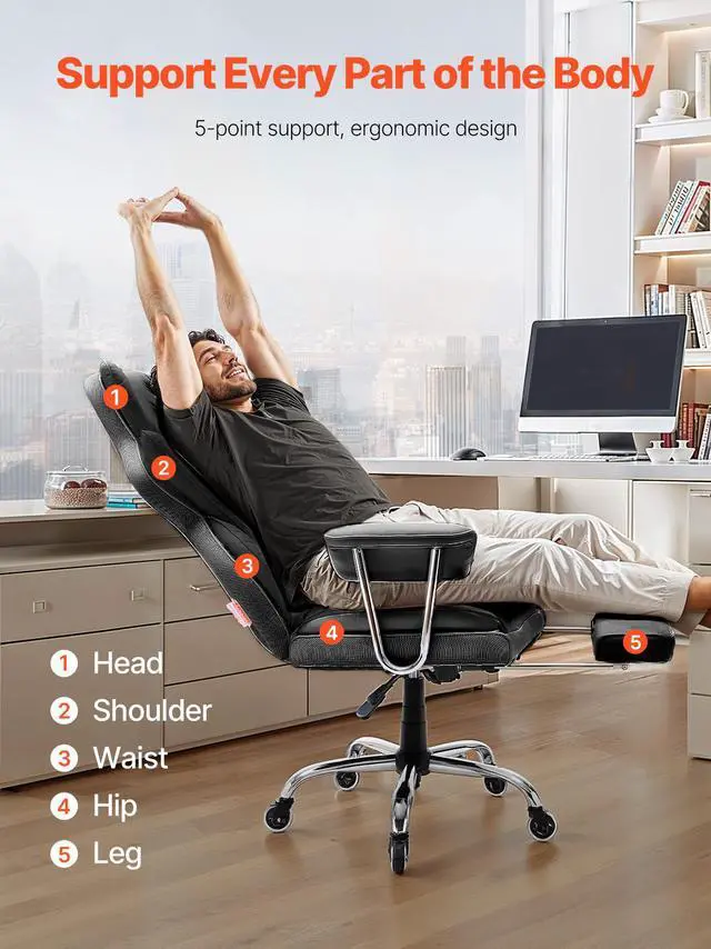 Alt view image 9 of 14 - VEVOR  Executive Office Chair with Footrest, 400 lbs Capacity With Heavy Duty PU Leather Wide Office Chair, Big and Tall Reclining Office Chairs with Lumbar Support, Strong Metal Base Quiet Wheels, B