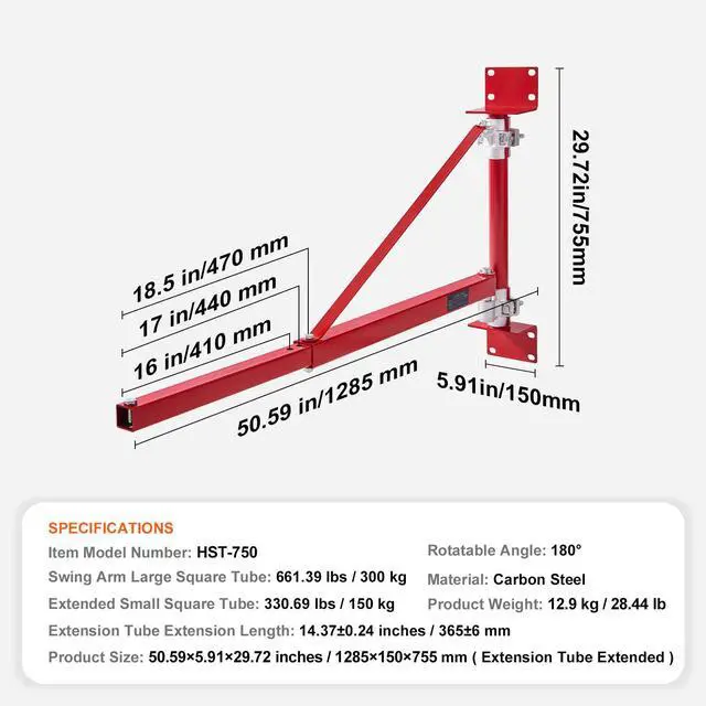 Alt view image 14 of 14 - VEVOR Electric Hoist Support Arm, 660 lbs Max Load Capacity, Electric Hoist Holder Swing Arm with Pole, Steel Hoist Frame, 180° Swivel Scaffold Hoist Lifting Arm, Winch Hoist Arm for Workshop, Garage