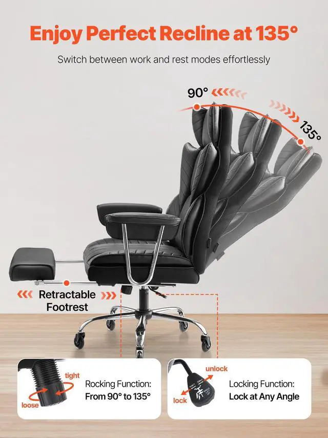 Alt view image 12 of 14 - VEVOR  Executive Office Chair with Footrest, 400 lbs Capacity With Heavy Duty PU Leather Wide Office Chair, Big and Tall Reclining Office Chairs with Lumbar Support, Strong Metal Base Quiet Wheels, B