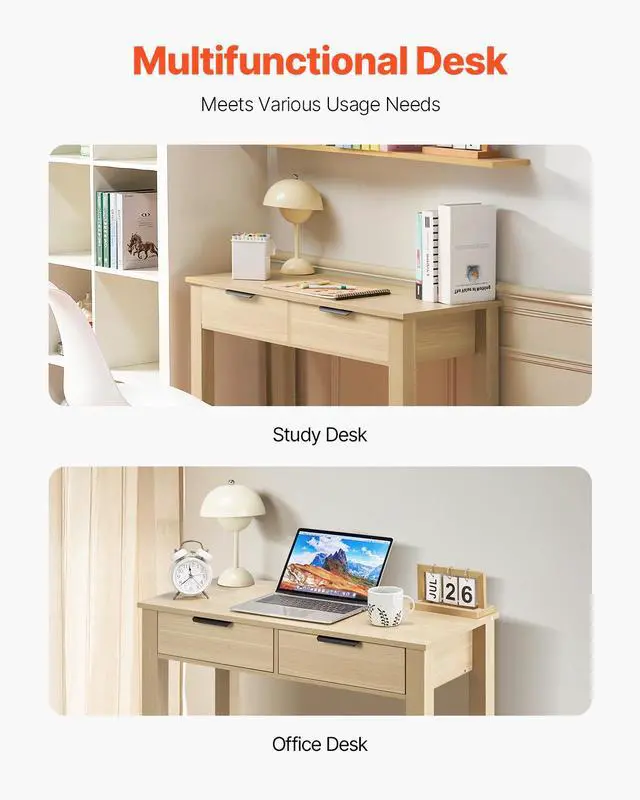 Alt view image 13 of 14 - VEVOR Small Desk with Drawers, Kids Desk for Bedroom, Modern Simple Study Table for Drawing, Reading, Writing, Rectangle MDF Furniture Study Storage Table for Home, Office, Light Wood