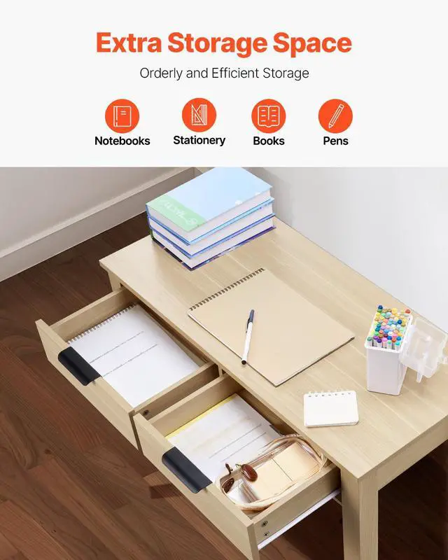 Alt view image 11 of 14 - VEVOR Small Desk with Drawers, Kids Desk for Bedroom, Modern Simple Study Table for Drawing, Reading, Writing, Rectangle MDF Furniture Study Storage Table for Home, Office, Light Wood
