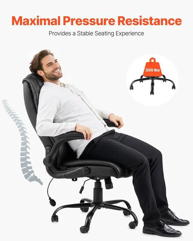 Alt view image 5 of 8 - VEVOR Executive Office Chair with Lumbar Support, 300lb Capacity Office Chair with Flip-up Armrests & Lumbar Pillow, Height Adjustable Ergonomic Chair, PU Leather Reclining Home Office Desk Chairs