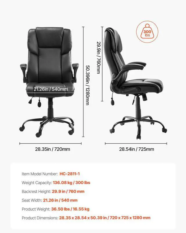Alt view image 8 of 8 - VEVOR Executive Office Chair with Lumbar Support, 300lb Capacity Office Chair with Flip-up Armrests & Lumbar Pillow, Height Adjustable Ergonomic Chair, PU Leather Reclining Home Office Desk Chairs