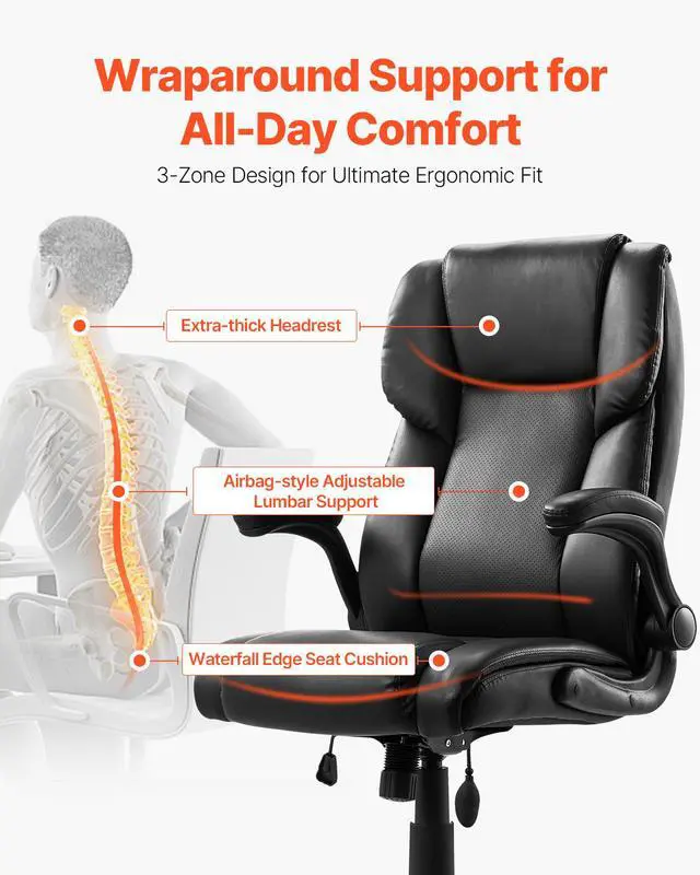 Alt view image 3 of 8 - VEVOR Executive Office Chair with Lumbar Support, 300lb Capacity Office Chair with Flip-up Armrests & Lumbar Pillow, Height Adjustable Ergonomic Chair, PU Leather Reclining Home Office Desk Chairs