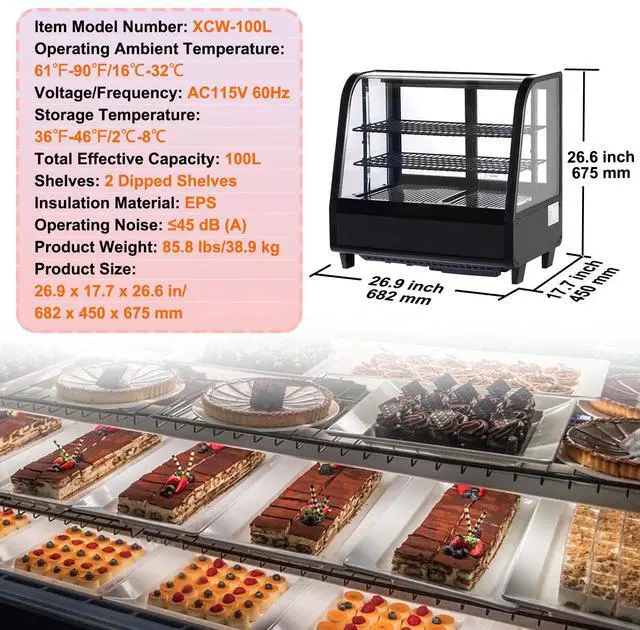 Alt view image 10 of 10 - VEVOR Refrigerated Display Case, 3.5 Cu.Ft./100L, 2-Tier, Countertop Pastry Display Case Commercial Display Refrigerator with LED Lighting, TURBO Cooling, Frost-Free Air-Cooling, Rear Sliding Door