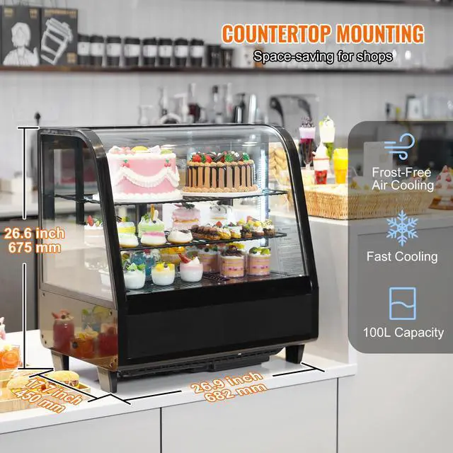 Alt view image 5 of 10 - VEVOR Refrigerated Display Case, 3.5 Cu.Ft./100L, 2-Tier, Countertop Pastry Display Case Commercial Display Refrigerator with LED Lighting, TURBO Cooling, Frost-Free Air-Cooling, Rear Sliding Door