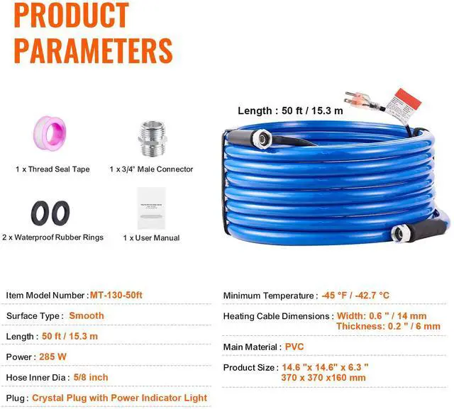 Alt view image 8 of 8 - VEVOR 50ft Heated Water Hose for RV, Heated Drinking Water Hose Antifreeze to -45°F, Automatic Self-regulating, 5/8" I.D. with 3/4" GHT Adapter, Lead and BPA Free