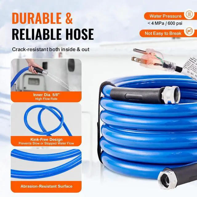 Alt view image 13 of 14 - VEVOR 15ft Heated Water Hose for RV, Heated Drinking Water Hose Antifreeze to -45°F, Automatic Self-regulating, 5/8" I.D. with 3/4" GHT Adapter, Lead and BPA Free