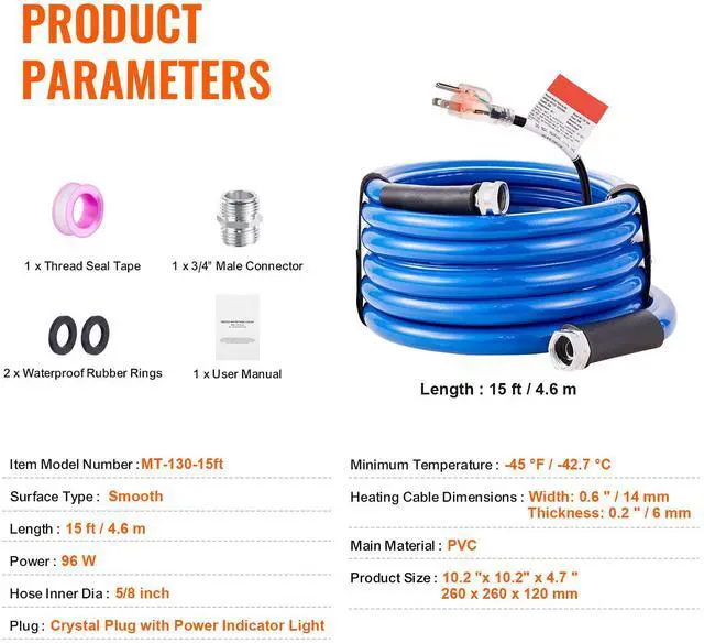 Alt view image 14 of 14 - VEVOR 15ft Heated Water Hose for RV, Heated Drinking Water Hose Antifreeze to -45°F, Automatic Self-regulating, 5/8" I.D. with 3/4" GHT Adapter, Lead and BPA Free
