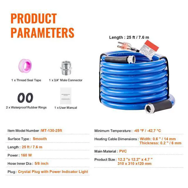 Alt view image 9 of 9 - VEVOR 25ft Heated Water Hose for RV, Heated Drinking Water Hose Antifreeze to -45°F, Automatic Self-regulating, 5/8" I.D. with 3/4" GHT Adapter, Lead and BPA Free