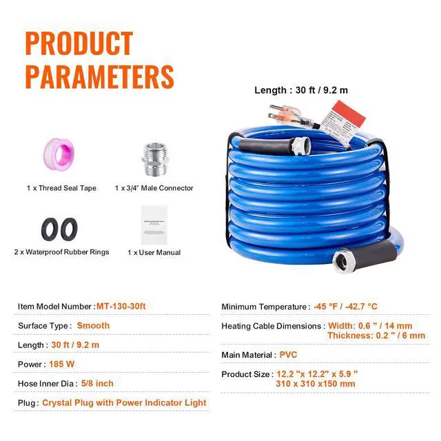 Alt view image 14 of 14 - VEVOR 30ft Heated Water Hose for RV, Heated Drinking Water Hose Antifreeze to -45°F, Automatic Self-regulating, 5/8" I.D. with 3/4" GHT Adapter, Lead and BPA Free