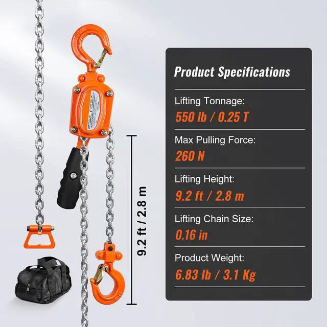 Alt view image 15 of 15 - VEVOR Manual Lever Chain Hoist, 1/4 Ton 550 lbs Capacity 10 FT Come Along, G80 Galvanized Carbon Steel with Weston Double-Pawl Brake, Auto Chain Leading & 360 Rotation Hook, for Garage Factory Dock