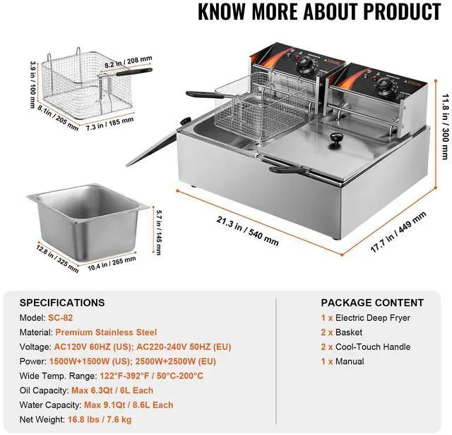 Alt view image 9 of 9 - VEVOR Commercial Electric Deep Fryer Countertop Deep Fryer Dual Detachable Tanks