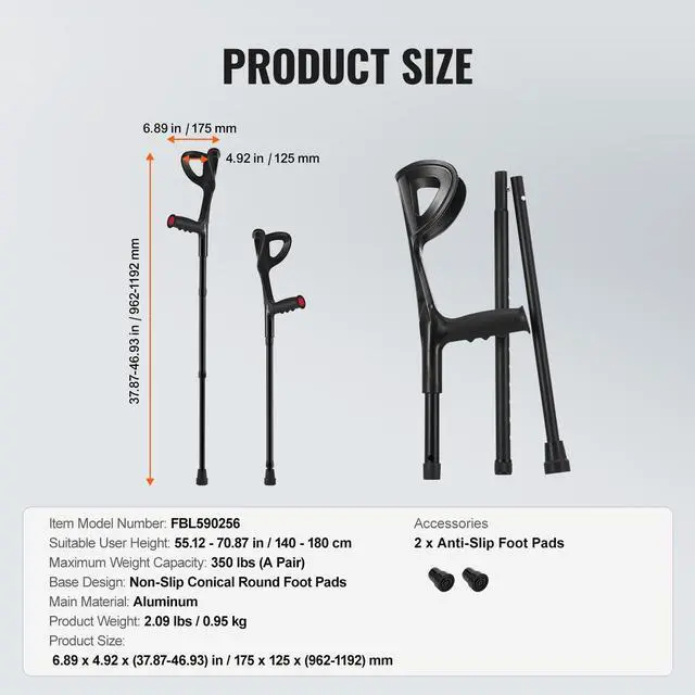 Alt view image 8 of 8 - VEVOR Forearm Crutches 10-Level Height Adjustable Walking Crutches 1 Pair 350LBS