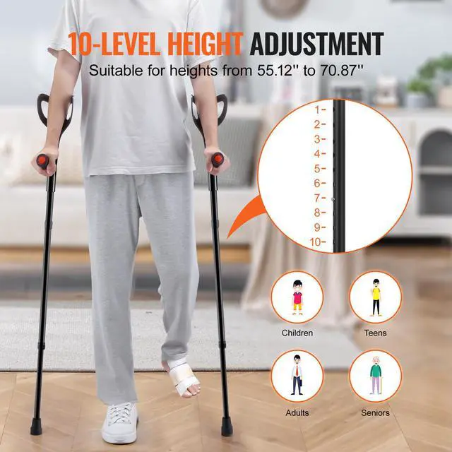 Alt view image 4 of 8 - VEVOR Forearm Crutches 10-Level Height Adjustable Walking Crutches 1 Pair 350LBS