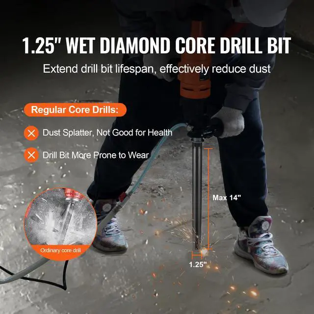 Alt view image 9 of 14 - VEVOR Core Drill Bit, 1-1/4" Wet Diamond Core Drill Bits, 14" Drilling Depth Concrete Core Drill Bit, 5/8"-11 Inner Thread, Laser Welding, Diamond Wet Coring Bit for Concrete Brick and Block