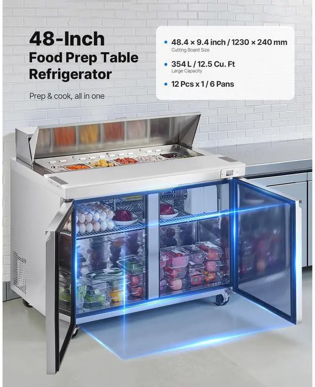 Alt view image 2 of 7 - 48"W Commercial Refrigerator, 12.5 Cu. Ft Sandwich Prep Refrigerated Table, Mega Top Food Prep Fridge with 12 Pans and Cutting Board, Stainless Steel Salad Prep Cooler for Restaurant, Food Truck
