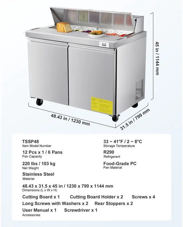Alt view image 7 of 7 - 48"W Commercial Refrigerator, 12.5 Cu. Ft Sandwich Prep Refrigerated Table, Mega Top Food Prep Fridge with 12 Pans and Cutting Board, Stainless Steel Salad Prep Cooler for Restaurant, Food Truck