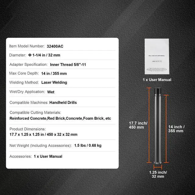 Alt view image 14 of 14 - VEVOR Core Drill Bit, 1-1/4" Wet Diamond Core Drill Bits, 14" Drilling Depth Concrete Core Drill Bit, 5/8"-11 Inner Thread, Laser Welding, Diamond Wet Coring Bit for Concrete Brick and Block
