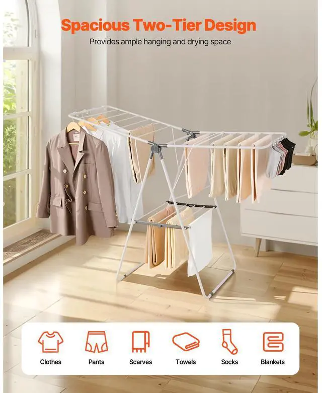 Alt view image 9 of 14 - VEVOR Clothes Drying Rack, 2-Tier Foldable Laundry Dryer Rack with Sock Clips & 21 Drying Rods, Metal Height Adjustable Drying Racks for Outdoor & Indoor, Free-Standing & Space-Saving Hanger, White