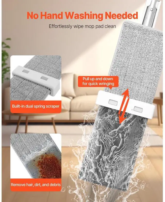 Alt view image 9 of 14 - VEVOR Flat Mop, Self Wringing, Microfiber Floor Cleaner with 4 Reusable & Washable Pads for Dry & Wet Floor Cleaning, Microfiber Flat Mop with Stainless Steel Handle for Hardwood Laminate Tile Vinyl