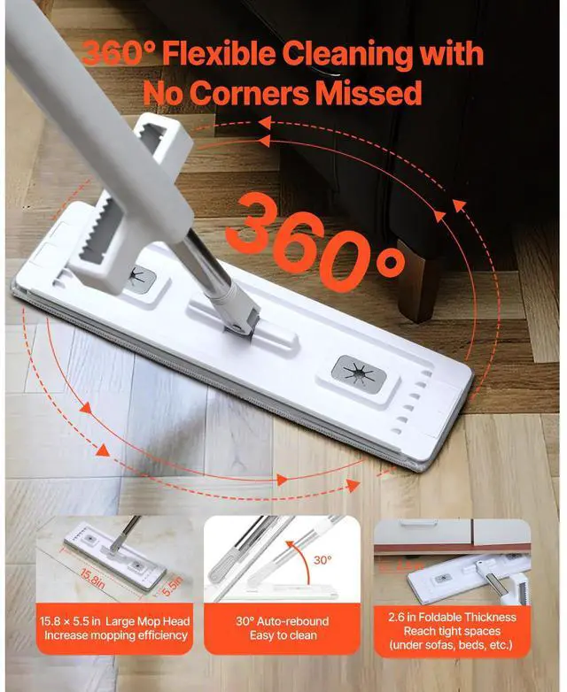 Alt view image 11 of 14 - VEVOR Flat Mop, Self Wringing, Microfiber Floor Cleaner with 4 Reusable & Washable Pads for Dry & Wet Floor Cleaning, Microfiber Flat Mop with Stainless Steel Handle for Hardwood Laminate Tile Vinyl