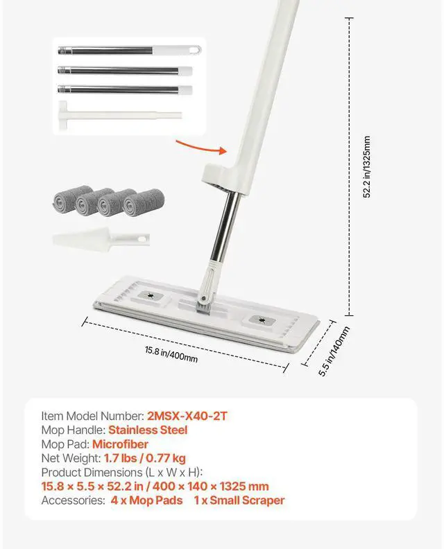 Alt view image 14 of 14 - VEVOR Flat Mop, Self Wringing, Microfiber Floor Cleaner with 4 Reusable & Washable Pads for Dry & Wet Floor Cleaning, Microfiber Flat Mop with Stainless Steel Handle for Hardwood Laminate Tile Vinyl