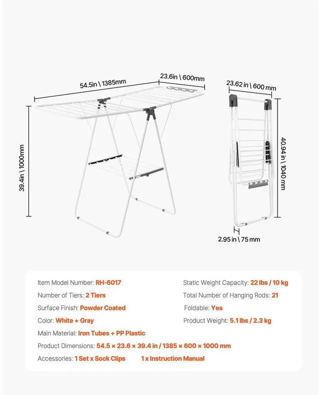 Alt view image 14 of 14 - VEVOR Clothes Drying Rack, 2-Tier Foldable Laundry Dryer Rack with Sock Clips & 21 Drying Rods, Metal Height Adjustable Drying Racks for Outdoor & Indoor, Free-Standing & Space-Saving Hanger, White
