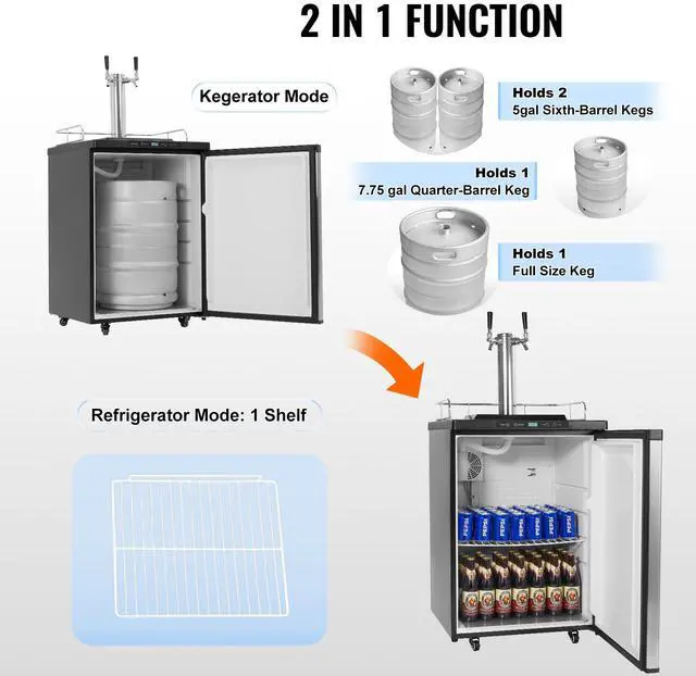 Alt view image 2 of 7 - Beer Kegerator, Dual Tap Draft Beer Dispenser, Full Size Keg Refrigerator With Shelf, CO2 Tank(No Gas), Drip Tray & Rail, 23°F- 82.4°F Temperature Control, 162L, Silver