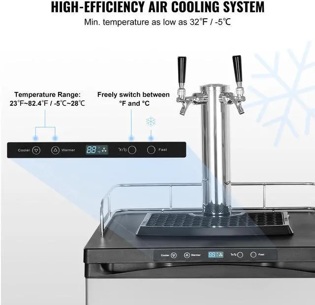 Alt view image 3 of 7 - Beer Kegerator, Dual Tap Draft Beer Dispenser, Full Size Keg Refrigerator With Shelf, CO2 Tank(No Gas), Drip Tray & Rail, 23°F- 82.4°F Temperature Control, 162L, Silver