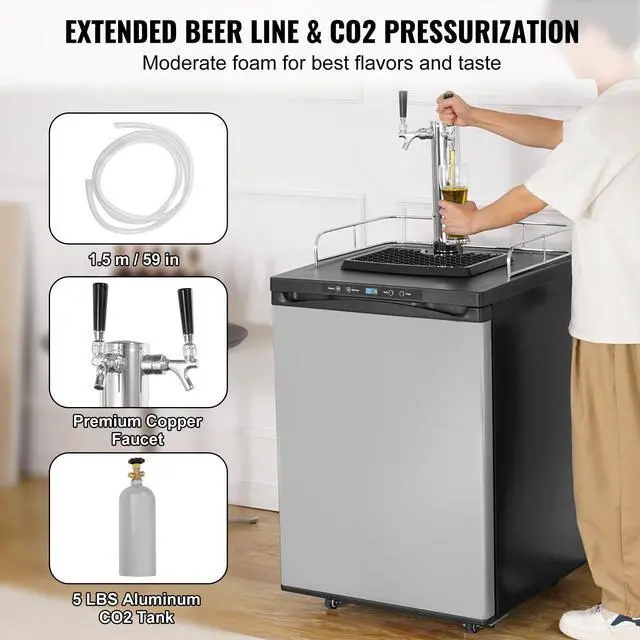 Alt view image 4 of 7 - Beer Kegerator, Dual Tap Draft Beer Dispenser, Full Size Keg Refrigerator With Shelf, CO2 Tank(No Gas), Drip Tray & Rail, 23°F- 82.4°F Temperature Control, 162L, Silver