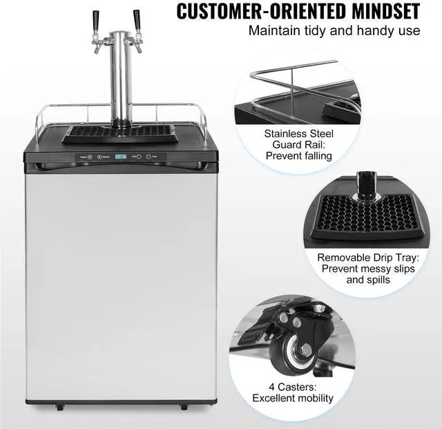 Alt view image 6 of 7 - Beer Kegerator, Dual Tap Draft Beer Dispenser, Full Size Keg Refrigerator With Shelf, CO2 Tank(No Gas), Drip Tray & Rail, 23°F- 82.4°F Temperature Control, 162L, Silver