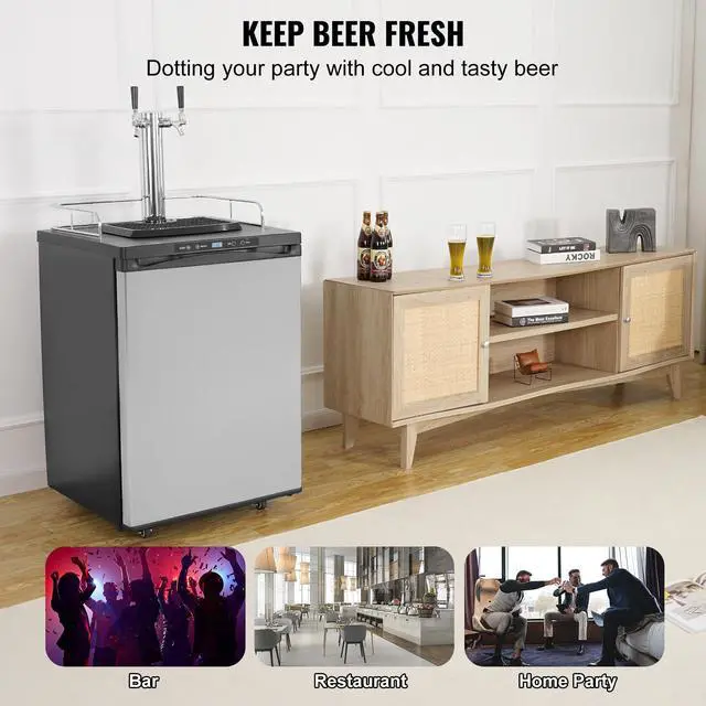 Alt view image 5 of 7 - Beer Kegerator, Dual Tap Draft Beer Dispenser, Full Size Keg Refrigerator With Shelf, CO2 Tank(No Gas), Drip Tray & Rail, 23°F- 82.4°F Temperature Control, 162L, Silver