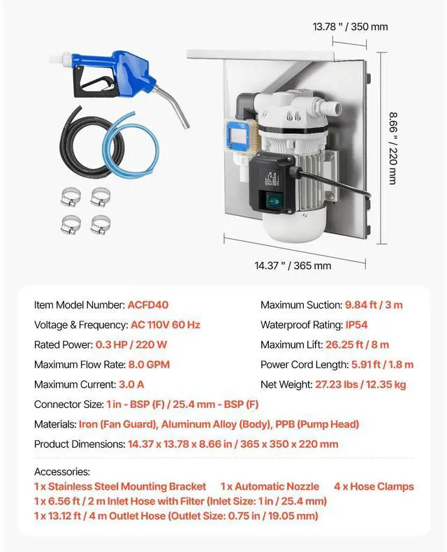 Alt view image 8 of 8 - VEVOR 110V DEF Transfer Pump Kit, 8 GPM, Diaphragm Self Priming Electric Water Pump for Diesel Exhaust Fluid Urea, with Mounting Bracket Flow Meter Automatic Nozzle Hose, for Liquid Transportation