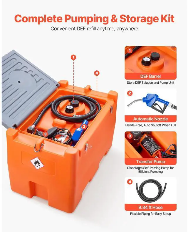 Alt view image 3 of 8 - VEVOR 12V DEF Transfer Pump Kit, 7 GPM, Diaphragm Irrigation Self Priming Electric Water Pump, with 48 Gallon Tank, Automatic Nozzle, 9.84 ft Hose, 26.25 ft Lift, for Diesel Exhaust Fluid Urea Liquid