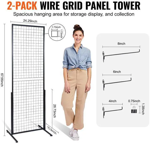 Alt view image 9 of 14 - VEVOR 2' x 5.6' Grid Wall Panels Tower, 2 Packs Wire Gridwall Display Racks with T-Base Floorstanding, Double Side Gridwall Panels for Art Craft Shows, Retail Display with Extra Clips and Hooks