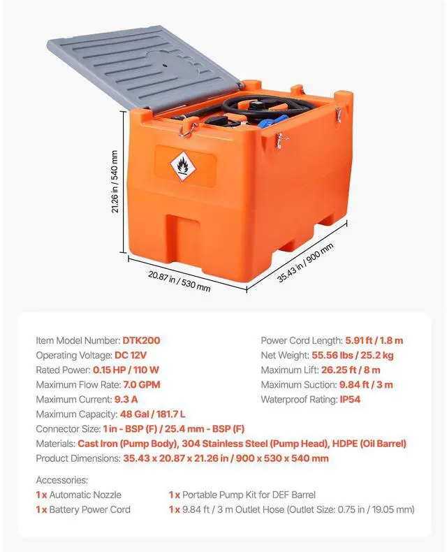 Alt view image 8 of 8 - VEVOR 12V DEF Transfer Pump Kit, 7 GPM, Diaphragm Irrigation Self Priming Electric Water Pump, with 48 Gallon Tank, Automatic Nozzle, 9.84 ft Hose, 26.25 ft Lift, for Diesel Exhaust Fluid Urea Liquid