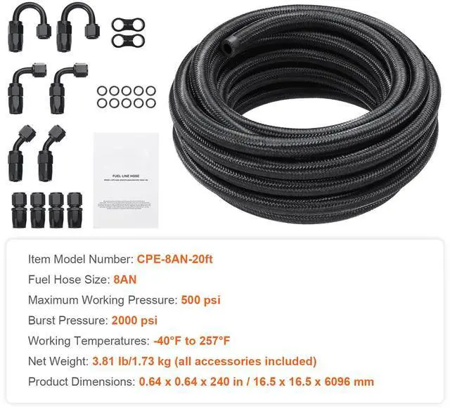 Alt view image 14 of 14 - VEVOR 8AN Fuel Line Kit, 20 FT Fuel Hose Kit, 0.43" Nylon Stainless Steel Braided Fuel Line Oil/Gas/Diesel Hose End Fitting Kit, with 12 PCS Swivel Fitting Adapter Kit, Black