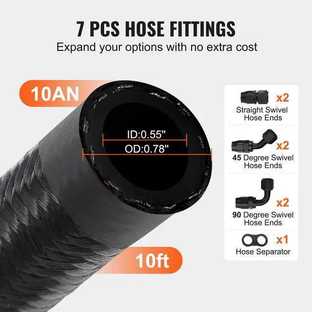 Alt view image 12 of 14 - VEVOR 10AN Fuel Line Kit, 10 FT Fuel Hose Kit, 0.55" Nylon Stainless Steel Braided Fuel Line Oil/Gas/Diesel Hose End Fitting Kit, with 7 PCS Swivel Fitting Adapter Kit, Black