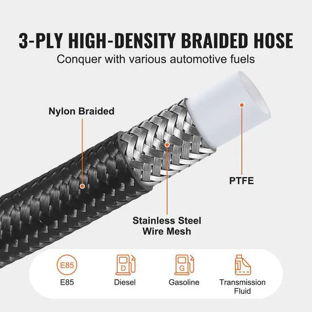 Alt view image 9 of 14 - VEVOR 6AN Fuel Line Kit, 25 FT Fuel Hose Kit, 5/16" Nylon Stainless Steel Braided PTFE Fuel Line Kit, E85/Oil/Gas/Diesel Hose End Fitting Kit, with 15 PCS Swivel Fitting Adapter Kit, Black