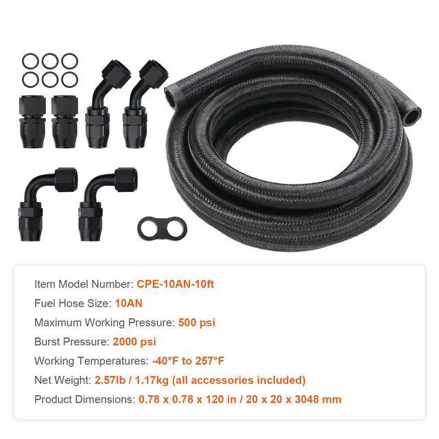 Alt view image 14 of 14 - VEVOR 10AN Fuel Line Kit, 10 FT Fuel Hose Kit, 0.55" Nylon Stainless Steel Braided Fuel Line Oil/Gas/Diesel Hose End Fitting Kit, with 7 PCS Swivel Fitting Adapter Kit, Black