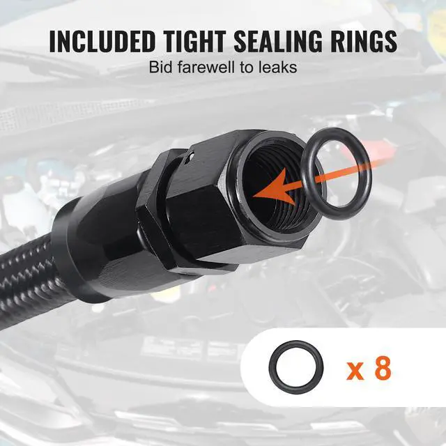 Alt view image 13 of 14 - VEVOR 6AN Fuel Line Kit, 25 FT Fuel Hose Kit, 5/16" Nylon Stainless Steel Braided PTFE Fuel Line Kit, E85/Oil/Gas/Diesel Hose End Fitting Kit, with 15 PCS Swivel Fitting Adapter Kit, Black