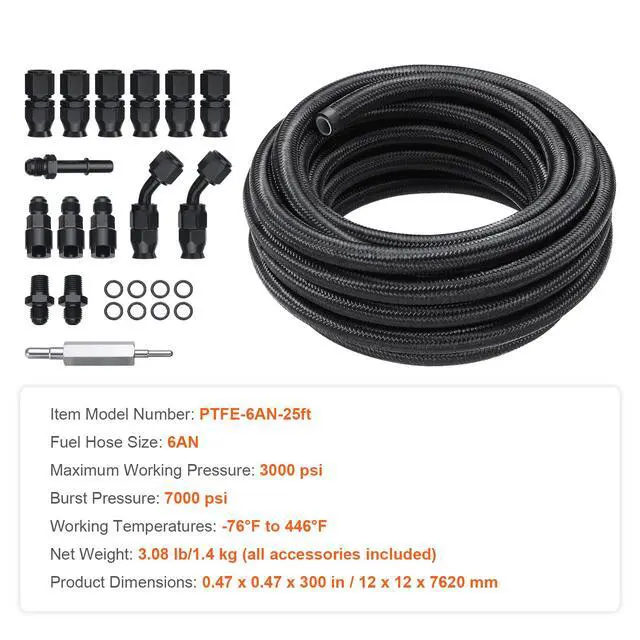 Alt view image 14 of 14 - VEVOR 6AN Fuel Line Kit, 25 FT Fuel Hose Kit, 5/16" Nylon Stainless Steel Braided PTFE Fuel Line Kit, E85/Oil/Gas/Diesel Hose End Fitting Kit, with 15 PCS Swivel Fitting Adapter Kit, Black