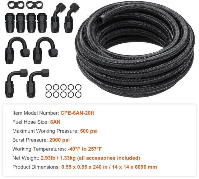 Alt view image 14 of 14 - VEVOR 6AN Fuel Line Kit, 20 FT Fuel Hose Kit, 0.34" Nylon Stainless Steel Braided Fuel Line Oil/Gas/Diesel Hose End Fitting Kit, with 12 PCS Swivel Fitting Adapter Kit, Black