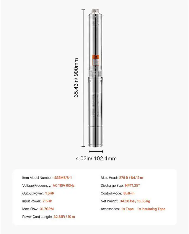 Alt view image 9 of 9 - VEVOR 1.5HP Deep Well Submersible Pump Stainless Steel Water Pump 31.7GPM 276ft
