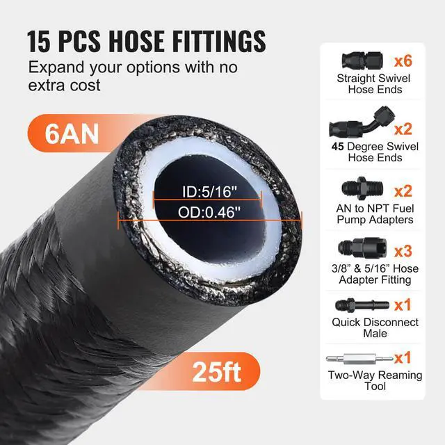 Alt view image 12 of 14 - VEVOR 6AN Fuel Line Kit, 25 FT Fuel Hose Kit, 5/16" Nylon Stainless Steel Braided PTFE Fuel Line Kit, E85/Oil/Gas/Diesel Hose End Fitting Kit, with 15 PCS Swivel Fitting Adapter Kit, Black