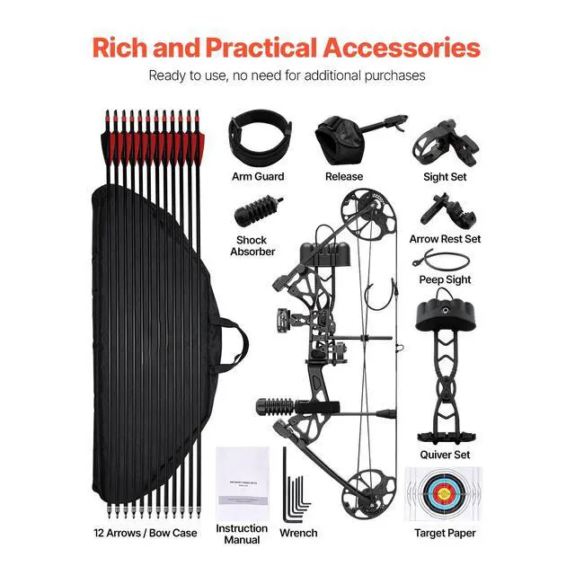 Alt view image 10 of 14 - Compound Bow Archery Right Hand Arrow Set 70 Lbs 320 fps Hunting Shooting Target