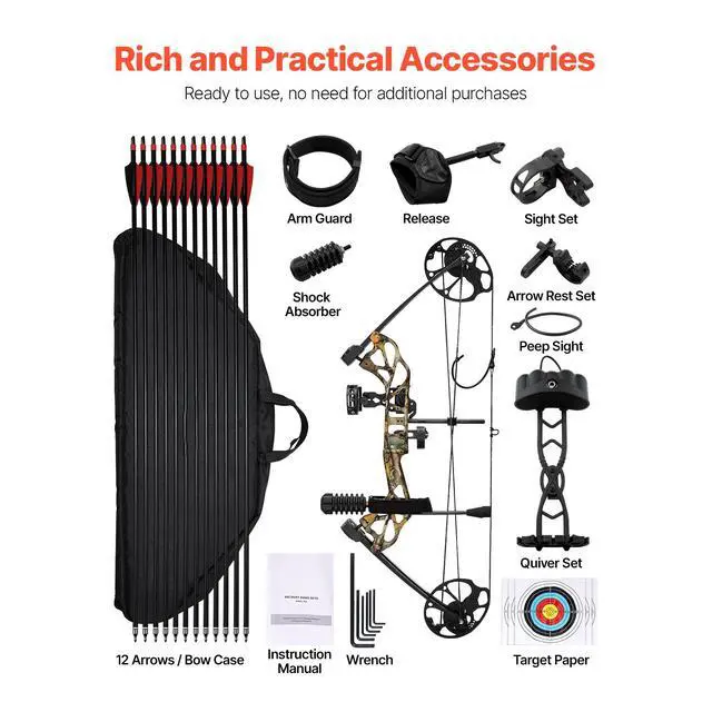 Alt view image 10 of 14 - Compound Bow Archery Right Hand Arrow Set 70 Lbs 320 fps Hunting Shooting Target