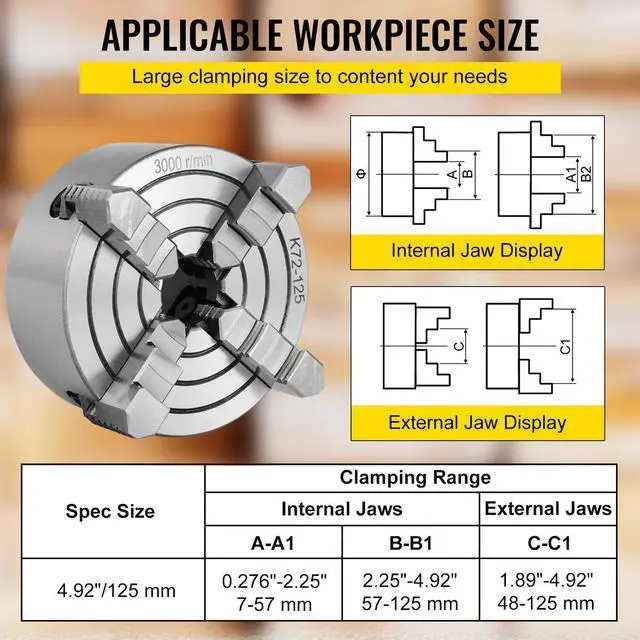 Alt view image 3 of 7 - K72-125 Lathe Chuck, 5 Inch, 4-Jaw, Independent Metal Lathe Chuck with Reversible Jaw, Cast Iron Body, 0.276 -2.244 in Internal 1.89 -4.92 in External Jaw Clamping Range, for Lathes Machine