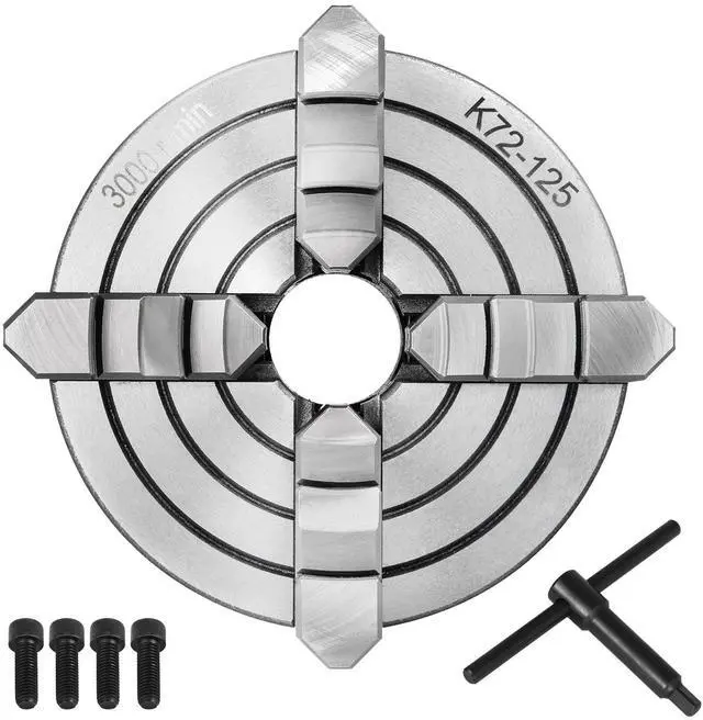 Main image of K72-125 Lathe Chuck, 5 Inch, 4-Jaw, Independent Metal Lathe Chuck with Reversible Jaw, Cast Iron Body, 0.276 -2.244 in Internal 1.89 -4.92 in External Jaw Clamping Range, for Lathes Machine